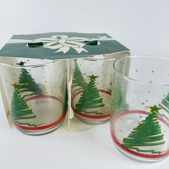 3 Libbey Christmas Tree Drinking Glasses Green Gold Stars Red Stripe In Holder - Picture 1 of 7